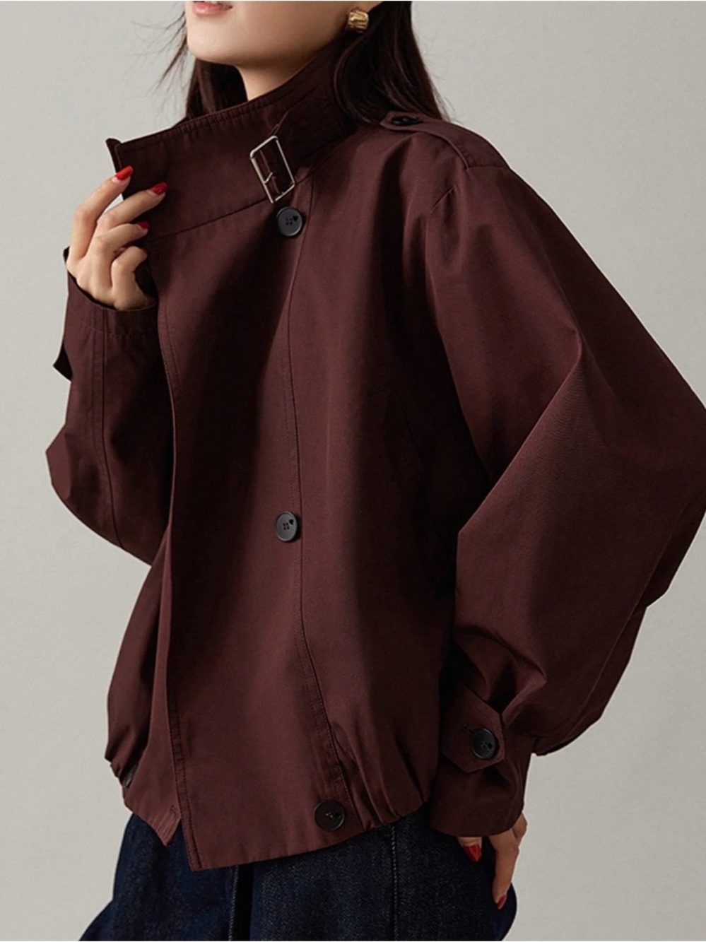 Commense Burgundy Short Trench Coat with Buckle Collar - Picture 4 of 10